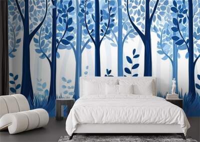 Beautiful blue forest illustration with stylized trees and leaves. Perfect for nature-themed designs, wallpapers, and artistic projects. Wall mural