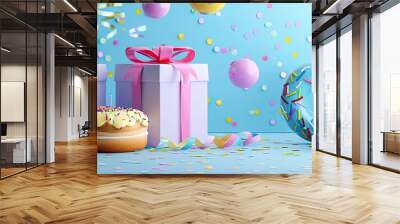 Colorful party scene with gift boxes, donuts, balloons, and confetti on a light blue background, perfect for celebrations and festive events. Wall mural