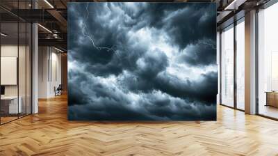 Dramatic stormy sky with dark clouds and lightning, illustrating weather conditions. Wall mural