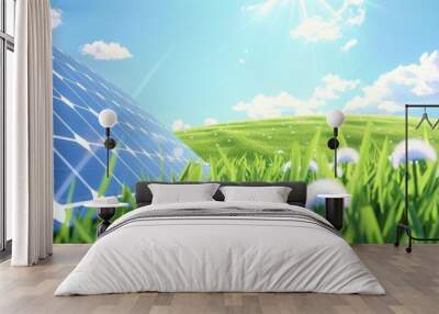 Solar panels in a lush green field under a bright blue sky, symbolizing renewable energy and sustainability. Wall mural