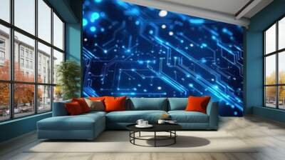 Vibrant blue circuit board background showcasing digital technology and innovation with glowing lights and intricate patterns. Wall mural