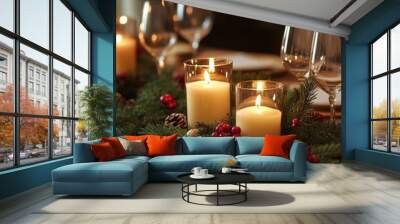 Warm candlelight creates a cozy atmosphere for festive gatherings and celebrations during the holiday season. Wall mural