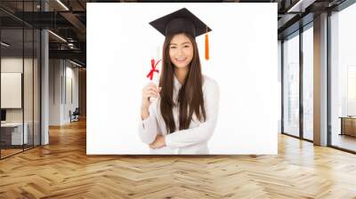 Beautiful Attractive Asian woman graduated in cap and gown smile with certificated in her hand feeling so proud and happiness,Isolated on white background,Education Success Concept Wall mural