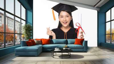 Beautiful Attractive Asian woman graduated in cap and gown smile with certificated in her hand feeling so proud and happiness,Isolated on white background,Education Success Concept Wall mural