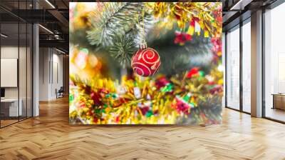 Christmas ball hanging on tree for decorating new year party Wall mural