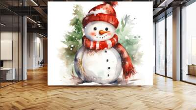 snowman with red hat isolated on transparent background. PNG Wall mural