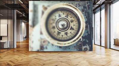 Old compass on a boat showing direction. Selective focus with wooden background vintage color.Thailand Wall mural