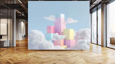 3d illustration of a pastel color tower surrounded by clouds Wall mural