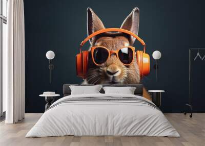 rabbit listens to music with trendy sunglasses on a dark background Wall mural