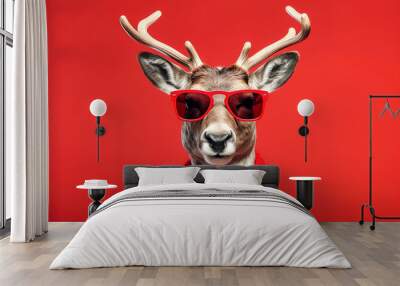 reindeer with glasses on red background in christmas costume Wall mural