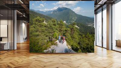 Biker couple after electric mountain bike ride enjoying the spectacular view and success, with a gesture of high five on the hilltop, aerial view. Wall mural