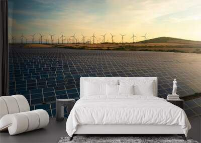 Solar panels and wind turbines generating renewable energy for green and sustainable future. Wall mural