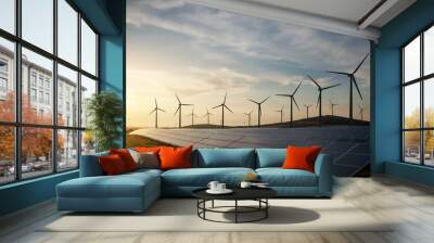 Solar panels and wind turbines generating renewable energy for green and sustainable future. Wall mural