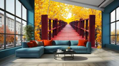 wooden bridge & autumn forest. Wall mural