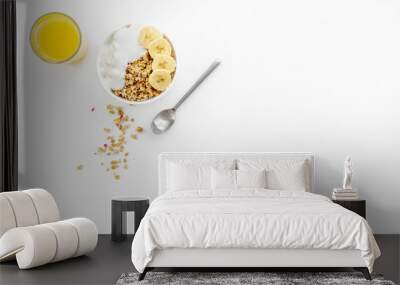 Bright breakfast with granola and orange juice on white background top view mockup Wall mural