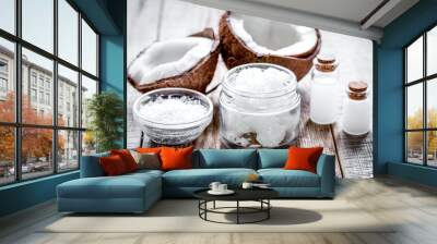 coconut oil for body care in cosmetic concept on old wooden tabl Wall mural