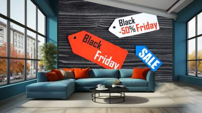 concept black friday on dark wooden background top view Wall mural