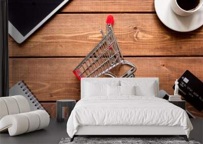 concept online shopping with smartphone on wooden background mock up Wall mural