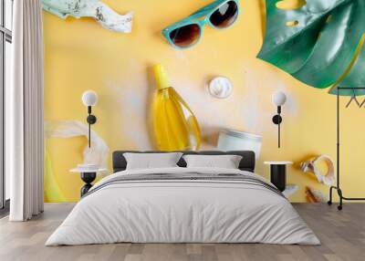 cream and lotion cosmetic for sun protection on orange background top view Wall mural