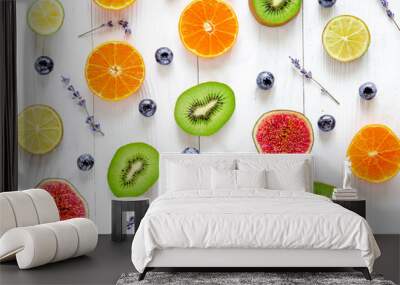 cut fruit design with blueberry and lavender on white background top view pattern Wall mural