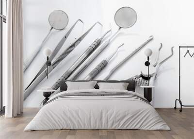 Dental instruments - set with mirrors - on white background close up Wall mural