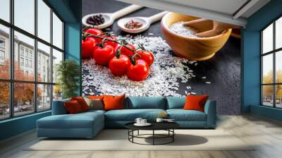 ingredients for paella on dark background Wall mural