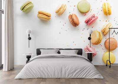 Macarons dessert pattern on white background top view copy space Wall mural