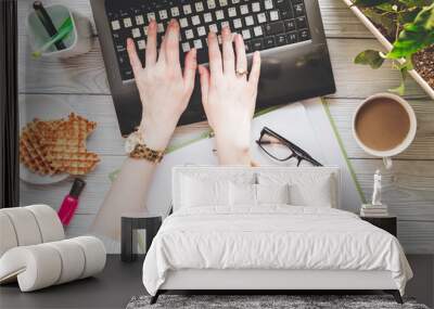 office woman work at laptop top view mock up Wall mural