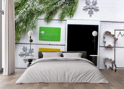 online shopping christmas with e-tablet wooden background top vi Wall mural