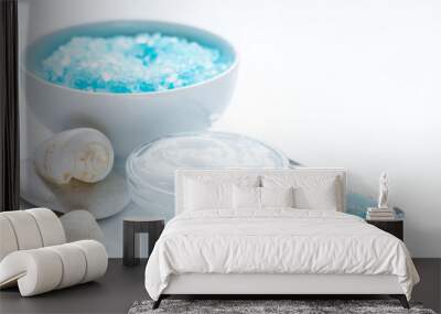 set for bath with blue salt and shells on white table background Wall mural