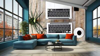 working place at home for two on wooden table Wall mural