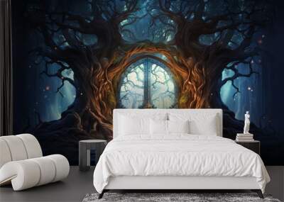 A mystical door stands between two ancient trees Wall mural