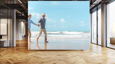 Happy senior man and woman couple dancing, holding hands & splashing in sea water on a deserted tropical beach with bright clear blue sky Wall mural