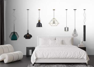 3d rendering PNG interior decor home light set, Set of different modern hanging lamps on white background Wall mural