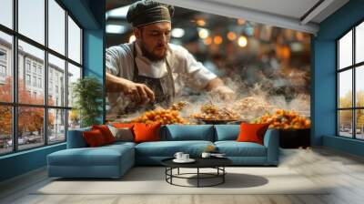 A chef is cooking food in a restaurant kitchen Wall mural