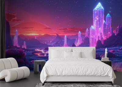 A colorful, glowing landscape with a pink sky and purple mountains Wall mural