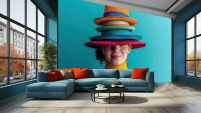 A customer attempts to balance a variety of hats on their head, each one representing a different role they play in their daily life, from parent to professional to party animal. Wall mural