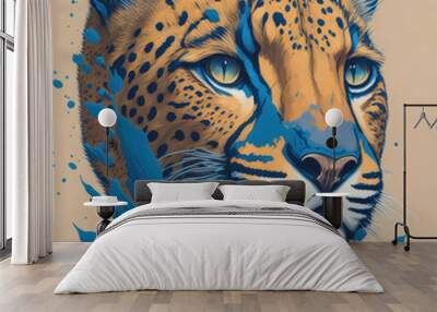 A fantasy watercolor painting of Cheetah head with blue sand splash against a blue background.Generative AI Wall mural