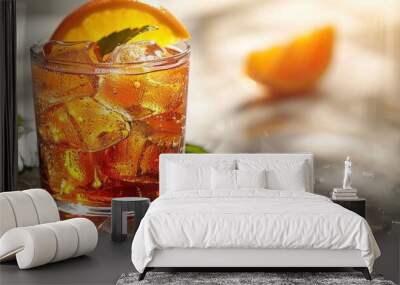 A glass of iced tea with a slice of orange on top Wall mural