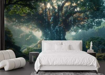 A large tree with a waterfall in front of it Wall mural