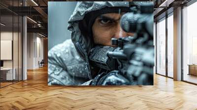 A man in a wet jacket is holding a rifle and looking at the camera Wall mural