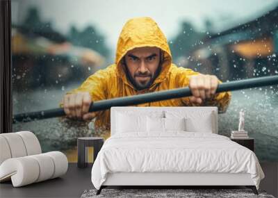 A man in a yellow raincoat is paddling a yellow canoe in the rain Wall mural