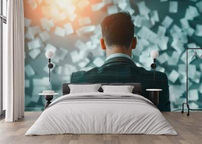 A man sits at a desk with a pile of papers in front of him Wall mural