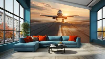 A plane is flying in the sky with the sun shining on it Wall mural