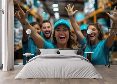 A vibrant image of a small business team celebrating a successful day of shipments, united in their passion for delivering top-notch products and service to their customers. Wall mural