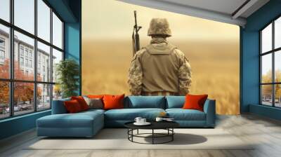 Artilleryman on duty, cannon smoke, natural lighting, copy space Wall mural