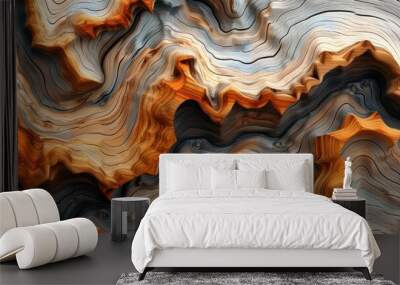 Blue and yellow abstract wooden waves texture with gold swirls and light flow, depicting liquid motion in a captivating design Wall mural