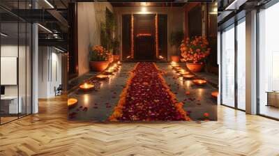 Diwali candle decorations of the home entrance. Modern house decor. Wall mural