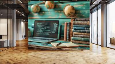 Education podium with a stack of books and a laptop in a classroom text Wall mural