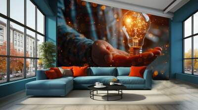 Hand of businessman holding illuminated light bulb with network connection line, idea, innovation and inspiration concept. concept creativity with bulbs that shine glitter.  Wall mural